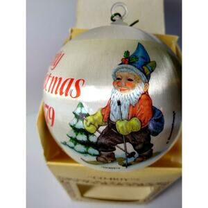 Co-Boy 1979 Hummelwerk Vintage Christmas Ornament Gnome Elf On Skiis Satin Box